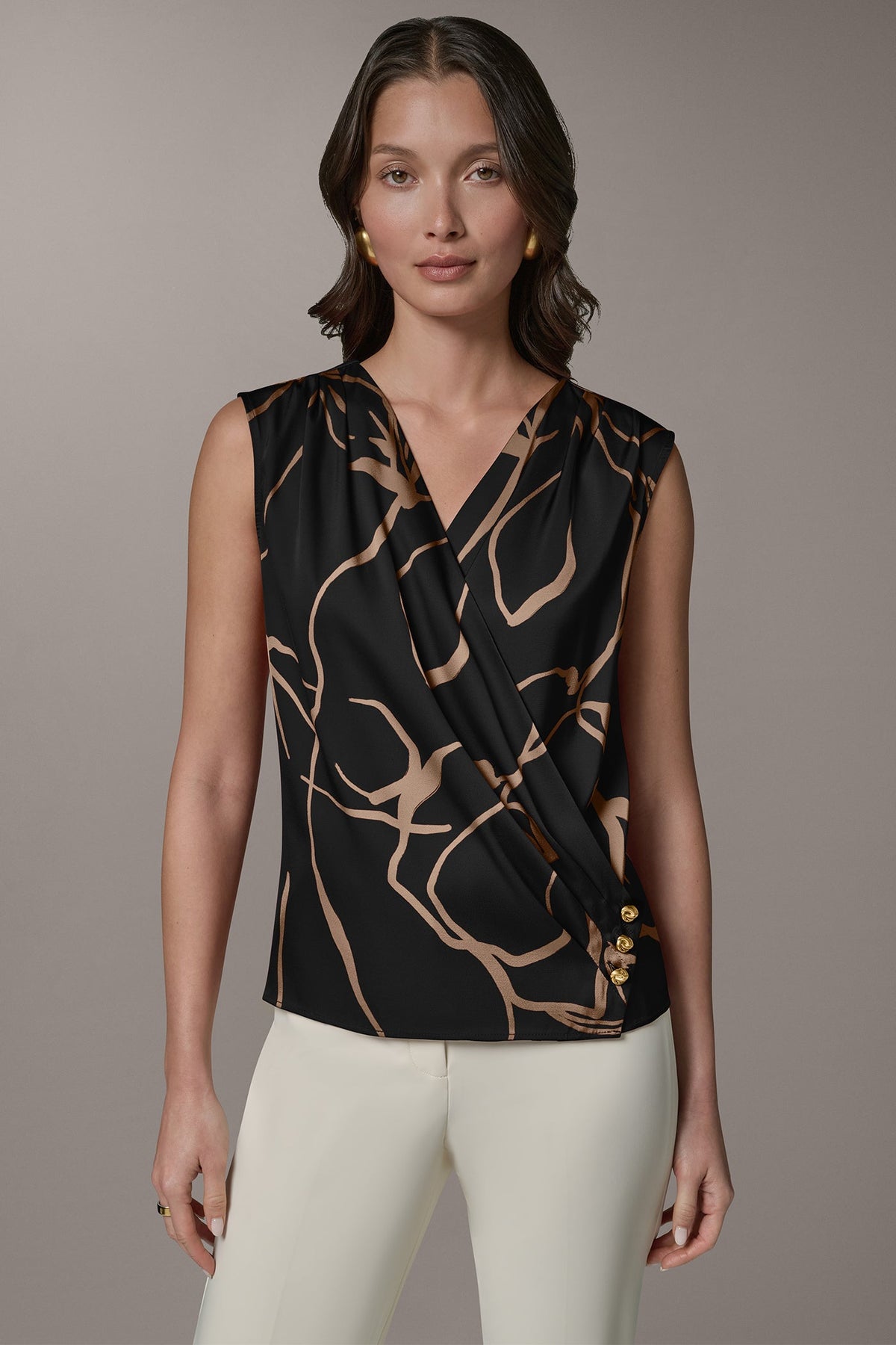 SLEEVELESS WRAP EFFECT PRINT BLOUSE - Black /Fawn