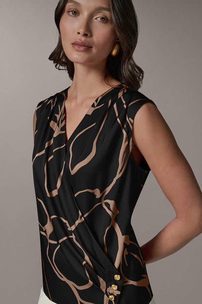 SLEEVELESS WRAP EFFECT PRINT BLOUSE - Black /Fawn
