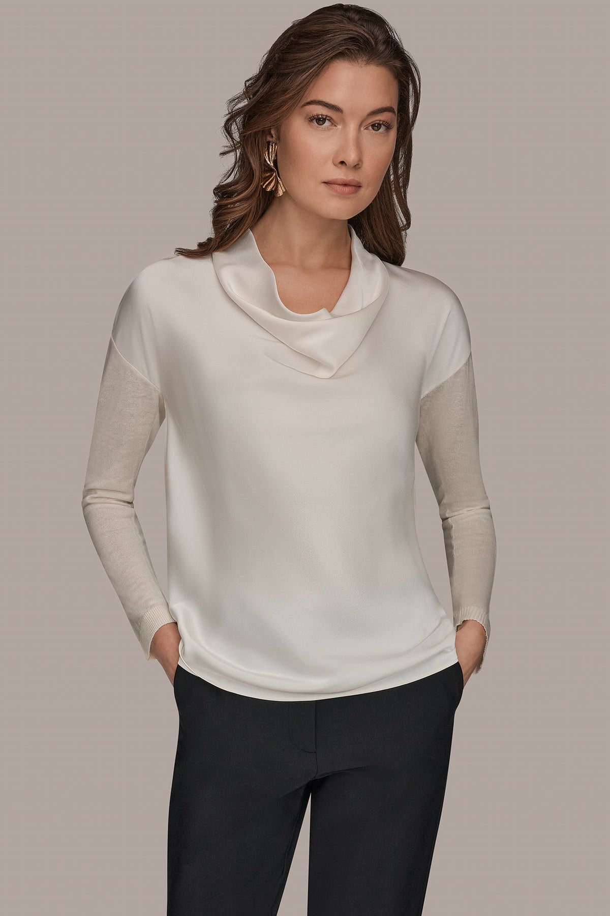 LONG SLEEVE COWL-NECK MIXED-MEDIA SWEATER - cream