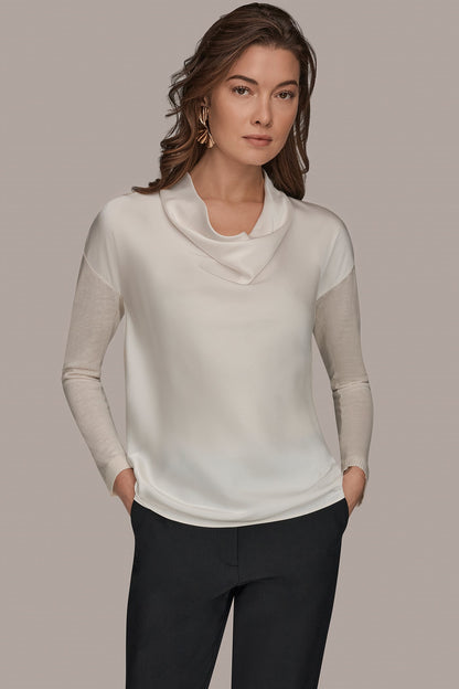 LONG SLEEVE COWL-NECK MIXED-MEDIA SWEATER - cream