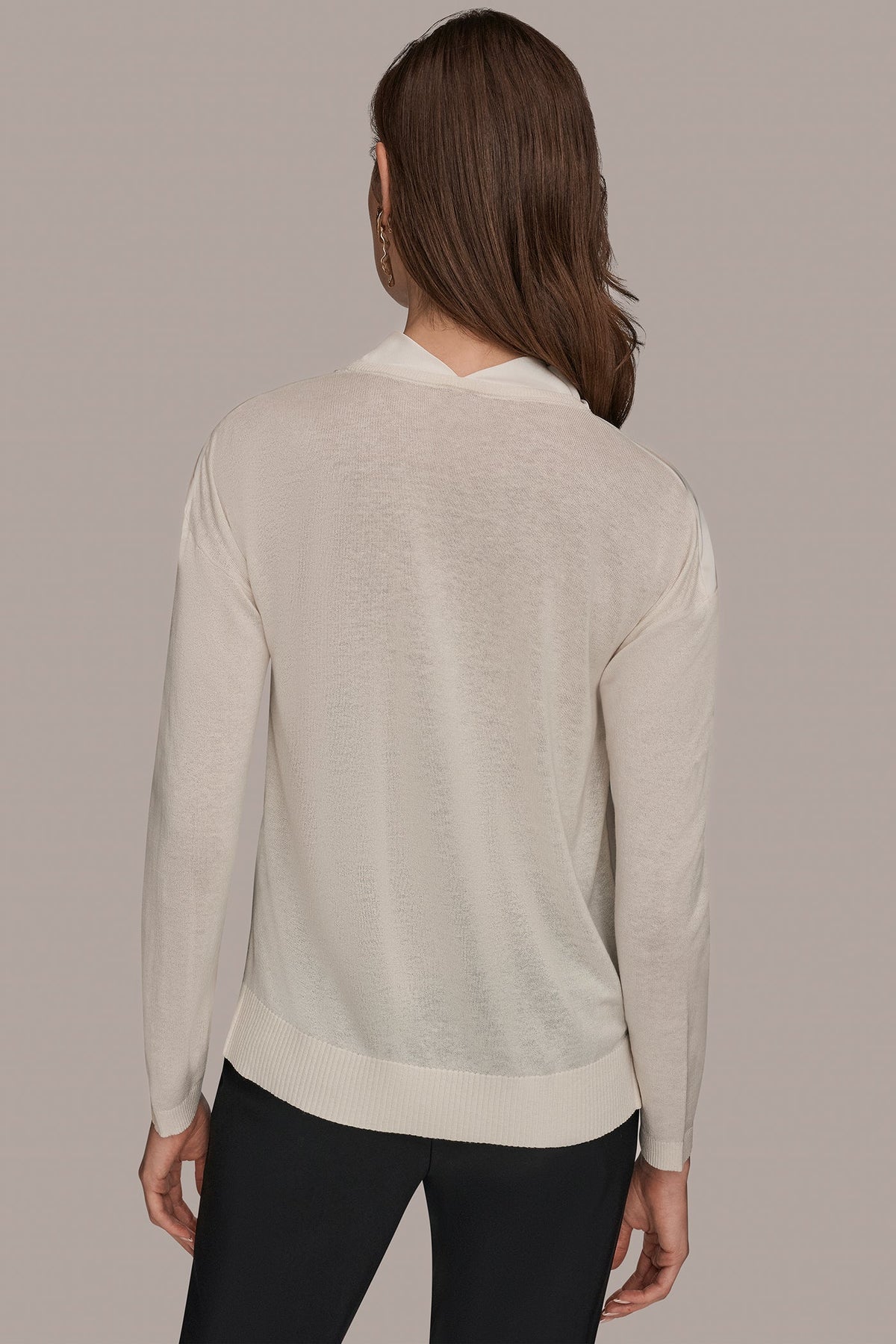 LONG SLEEVE COWL-NECK MIXED-MEDIA SWEATER - cream