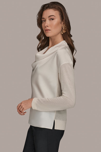 LONG SLEEVE COWL-NECK MIXED-MEDIA SWEATER - cream