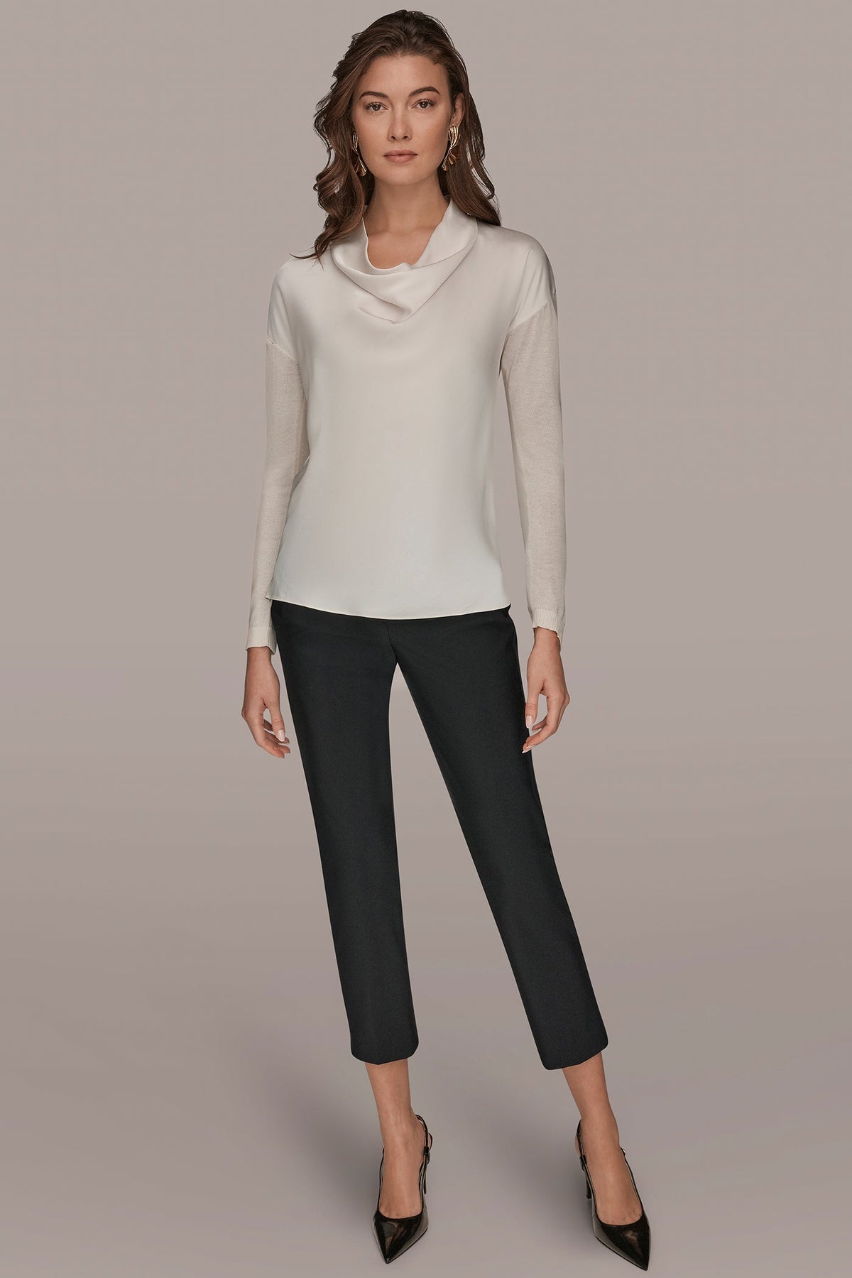 LONG SLEEVE COWL-NECK MIXED-MEDIA SWEATER - cream