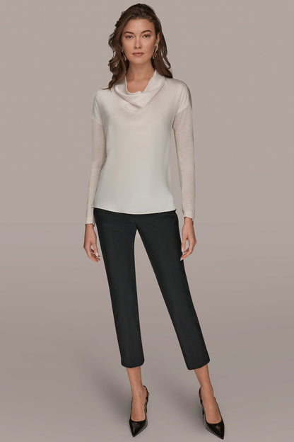 LONG SLEEVE COWL-NECK MIXED-MEDIA SWEATER - cream