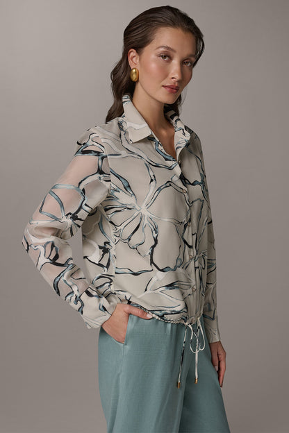 BURNOUT DRAWSTRING HEM BLOUSE - Aquamint Multi