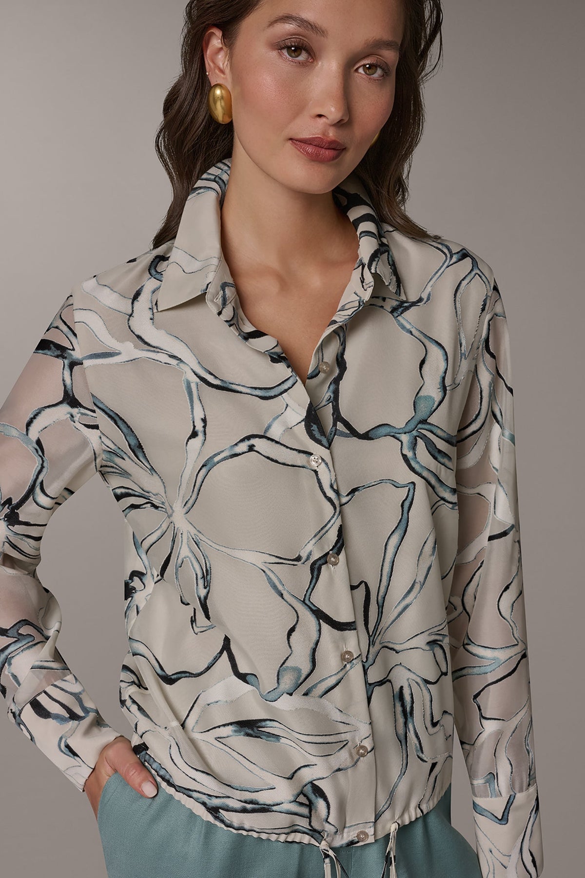BURNOUT DRAWSTRING HEM BLOUSE - Aquamint Multi