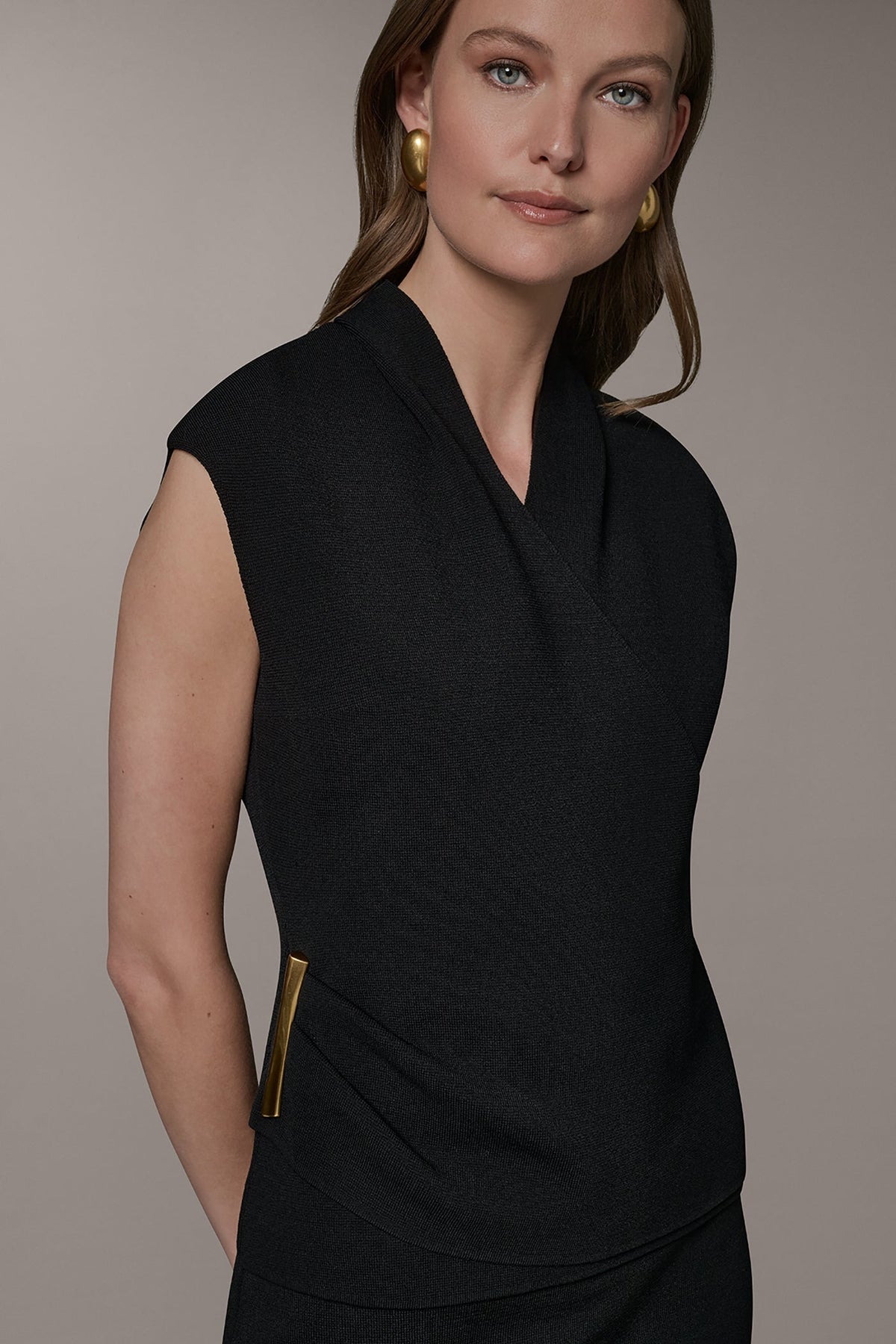 V-NECK WRAP-EFFECT TOP - Black