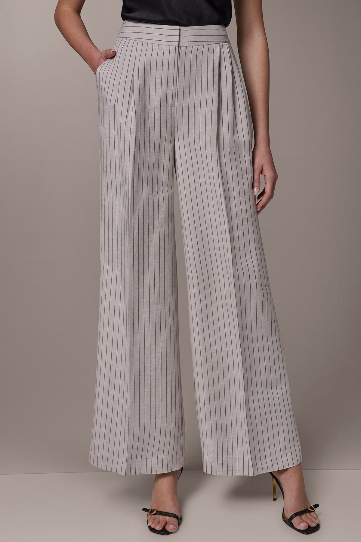 MID-RISE PINSTRIPE PLEATED WIDE-LEG PANT - Flax/Black