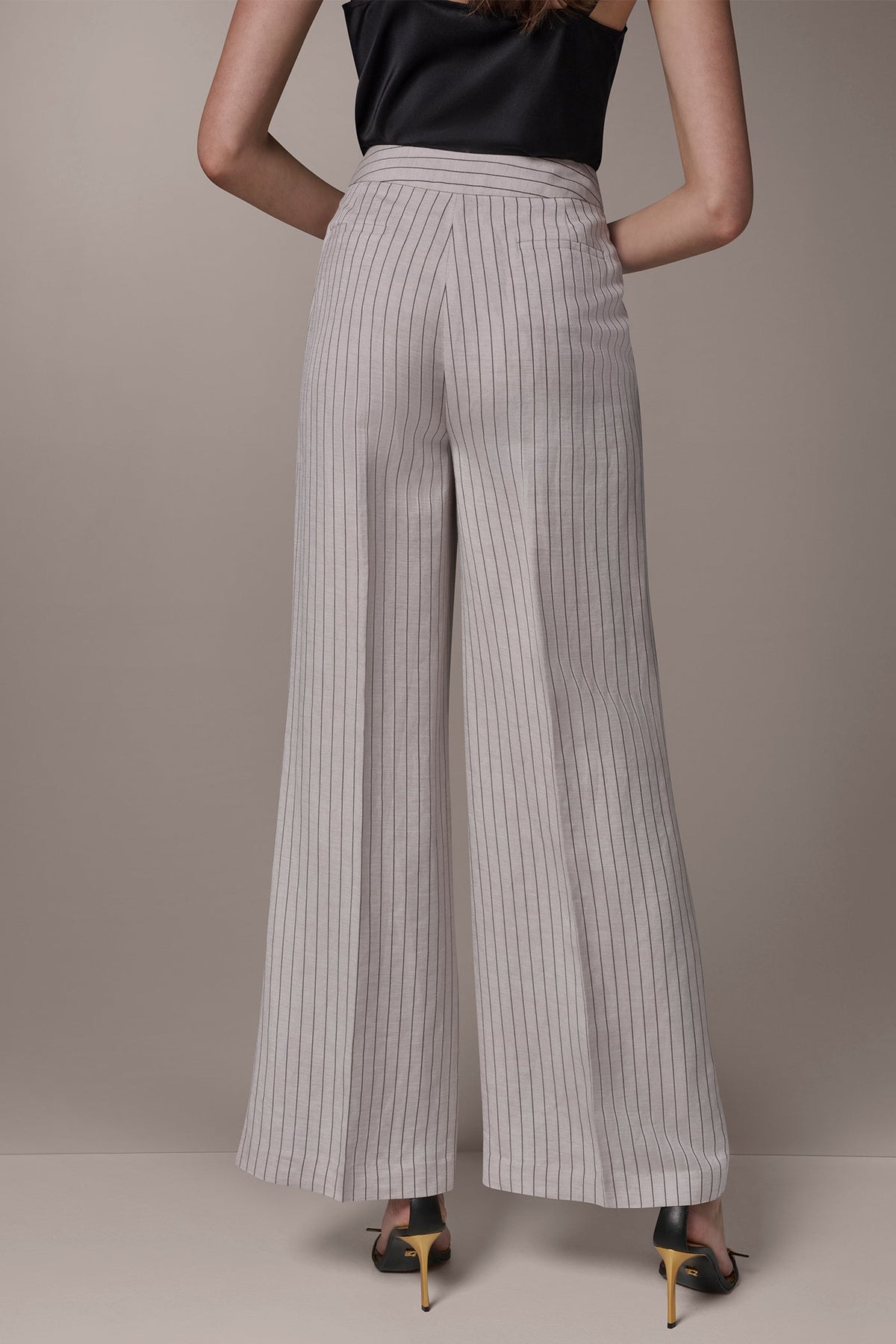 MID-RISE PINSTRIPE PLEATED WIDE-LEG PANT - Flax/Black