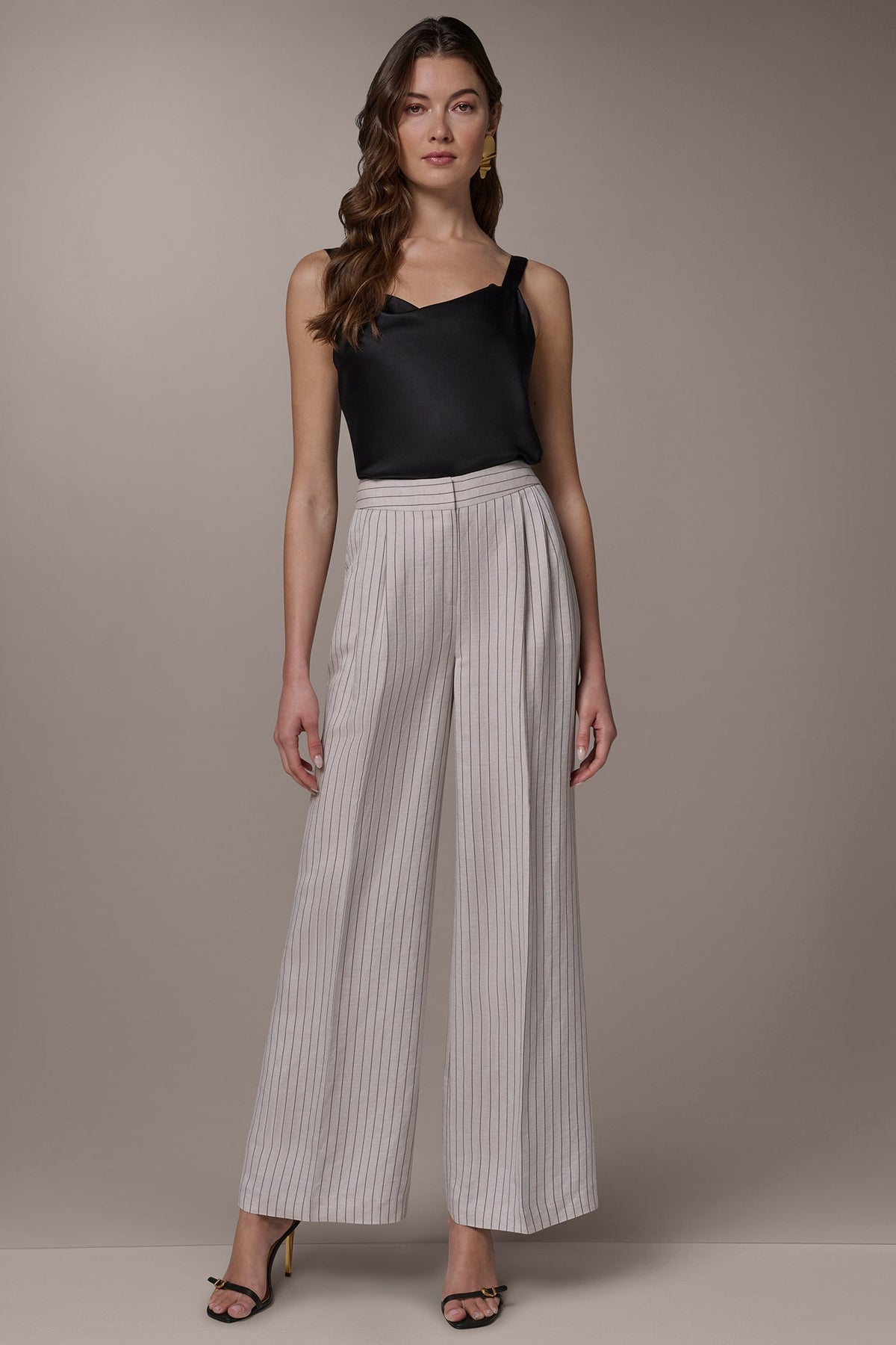 MID-RISE PINSTRIPE PLEATED WIDE-LEG PANT - Flax/Black