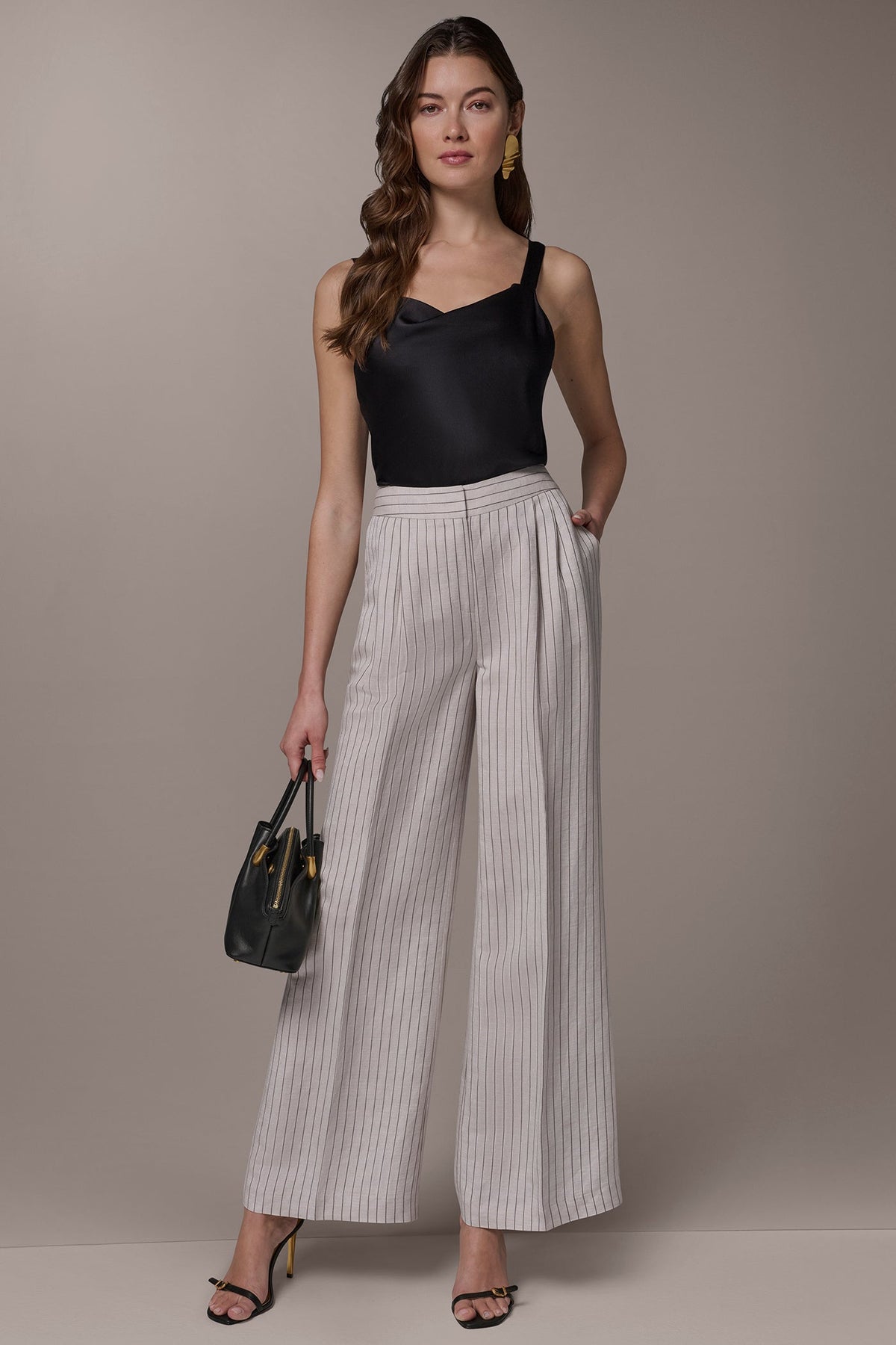MID-RISE PINSTRIPE PLEATED WIDE-LEG PANT - Flax/Black