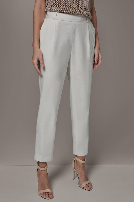 LINEN-BLEND HIGH-RISE PLEATED STRAIGHT ANKLE PANT - Cream