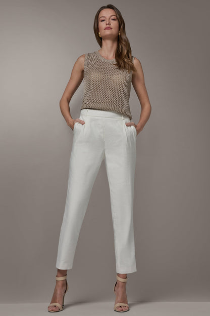LINEN-BLEND HIGH-RISE PLEATED STRAIGHT ANKLE PANT - Cream
