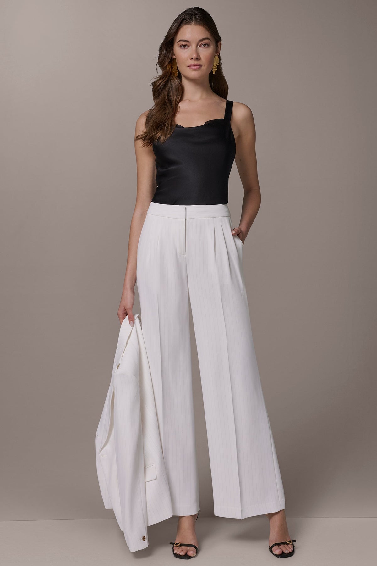 MID-RISE PINSTRIPE WIDE-LEG SUIT PANT - Cream/Tuscan Grey