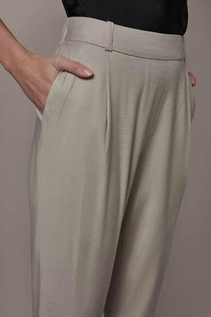 LINEN-BLEND PLEATED STRAIGHT ANKLE PANT - Tuscan Grey