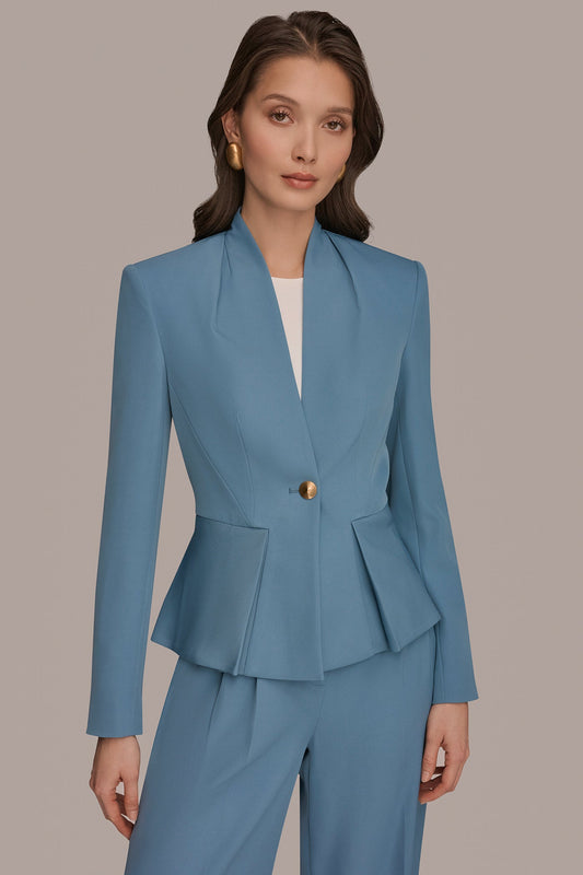 COLLARLESS PLEATED PEPLUM BLAZER - Washed Indigo