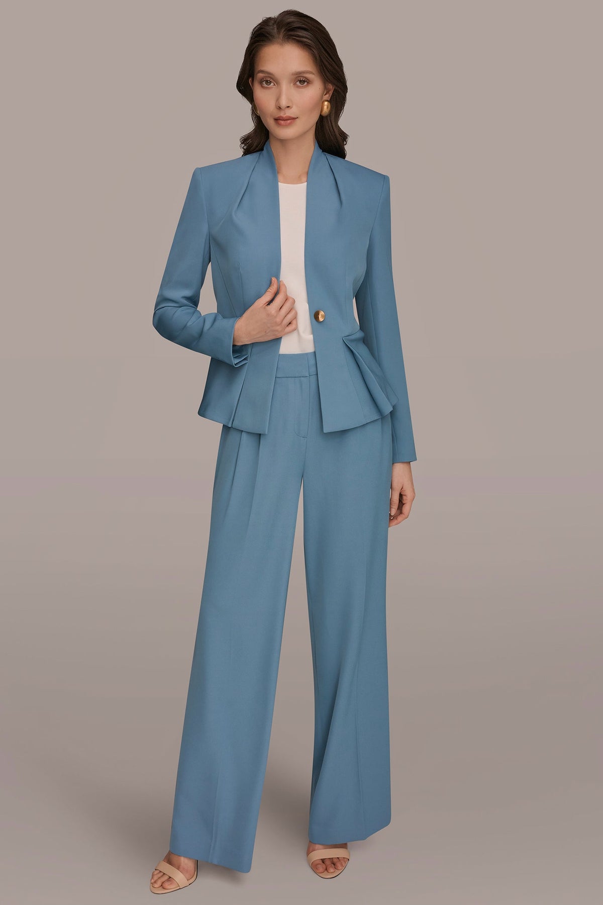 COLLARLESS PLEATED PEPLUM BLAZER - Washed Indigo