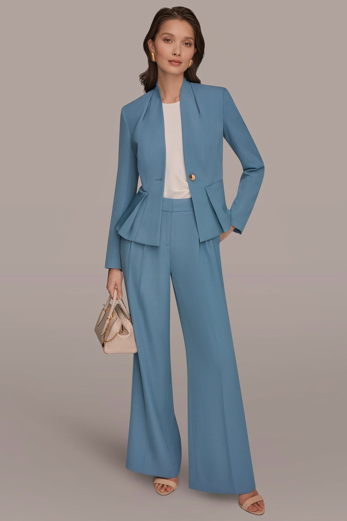 COLLARLESS PLEATED PEPLUM BLAZER - Washed Indigo