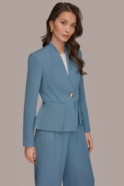 COLLARLESS PLEATED PEPLUM BLAZER - Washed Indigo
