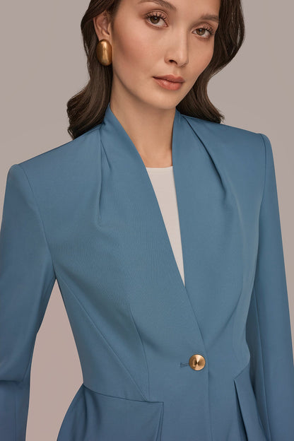 COLLARLESS PLEATED PEPLUM BLAZER - Washed Indigo
