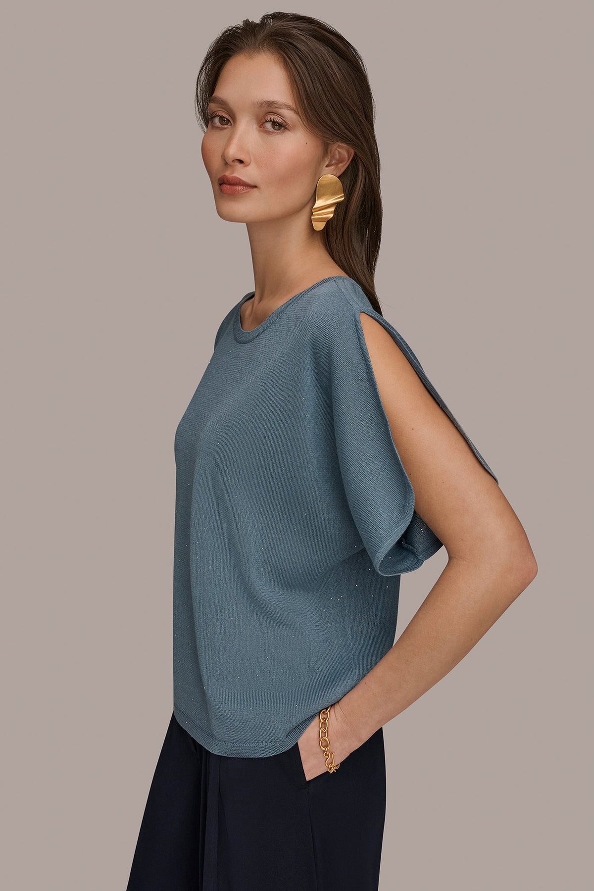 SEQUIN SPLIT SLEEVE SWEATER - Washed Indigo