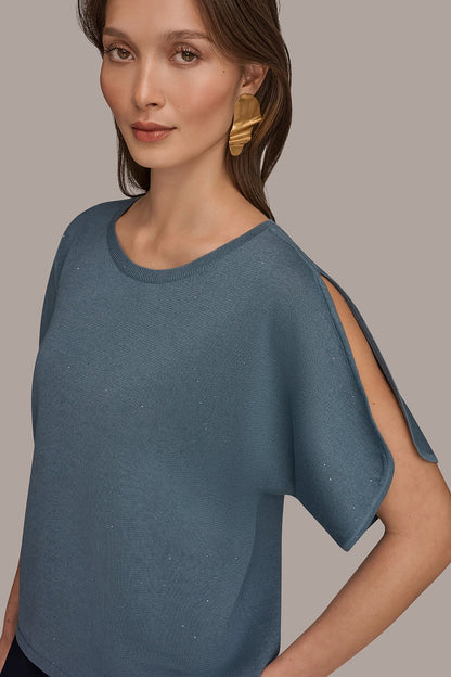 SEQUIN SPLIT SLEEVE SWEATER - Washed Indigo