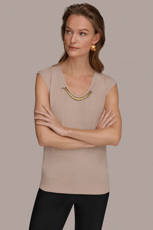 CAP SLEEVE METALLIC TRIM SWEATER - Snow Petal