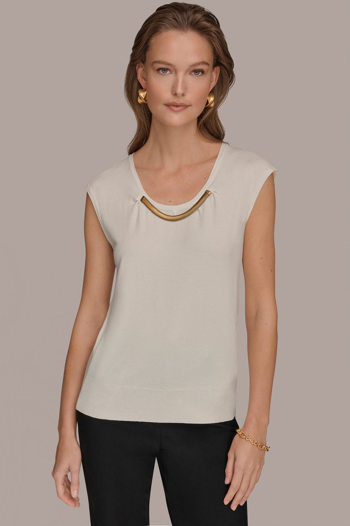 CAP SLEEVE METALLIC TRIM SWEATER - Cream