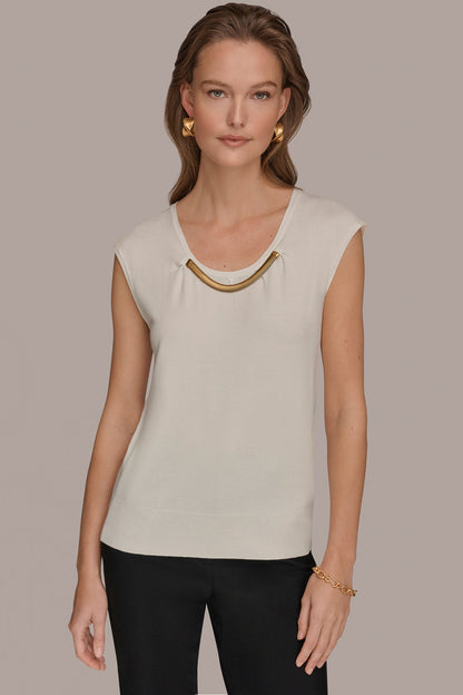 CAP SLEEVE METALLIC TRIM SWEATER - Cream
