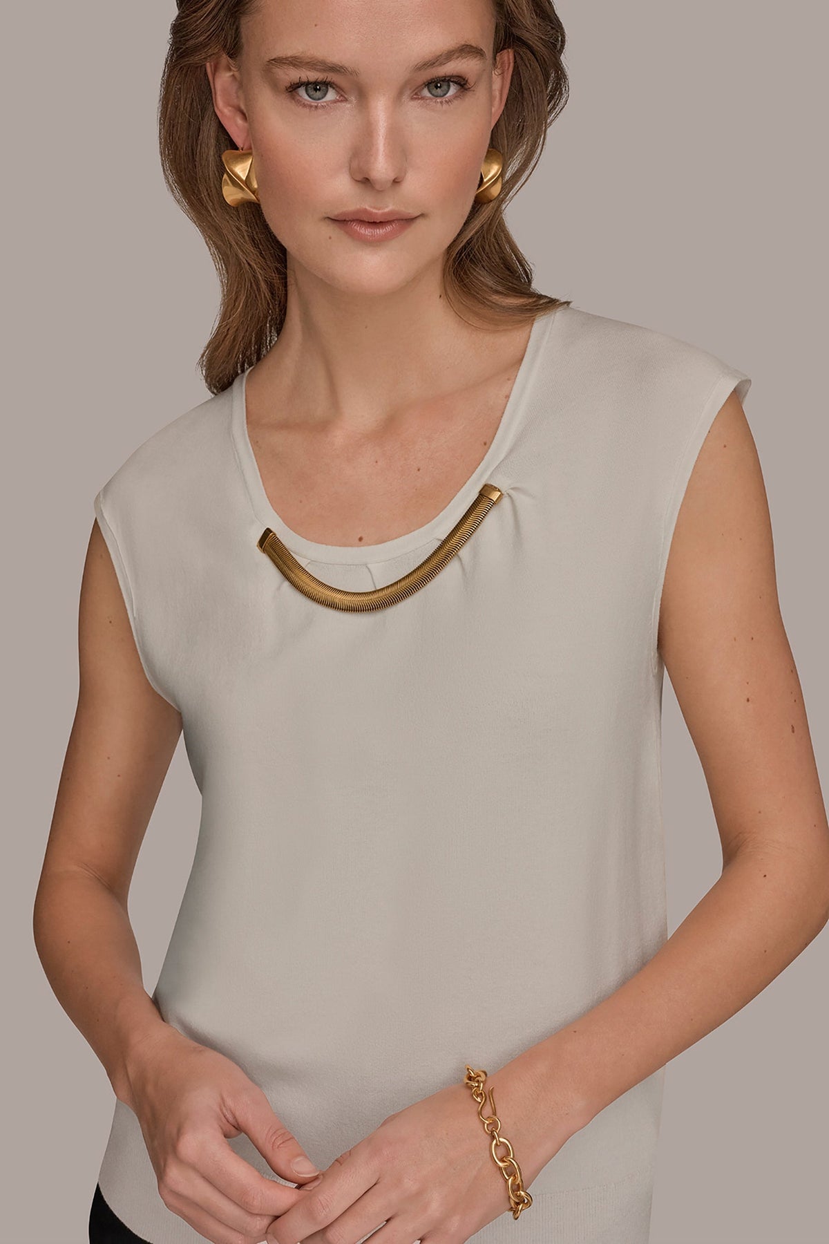 CAP SLEEVE METALLIC TRIM SWEATER - Cream