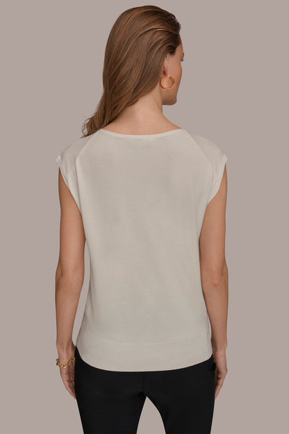 CAP SLEEVE METALLIC TRIM SWEATER - Cream