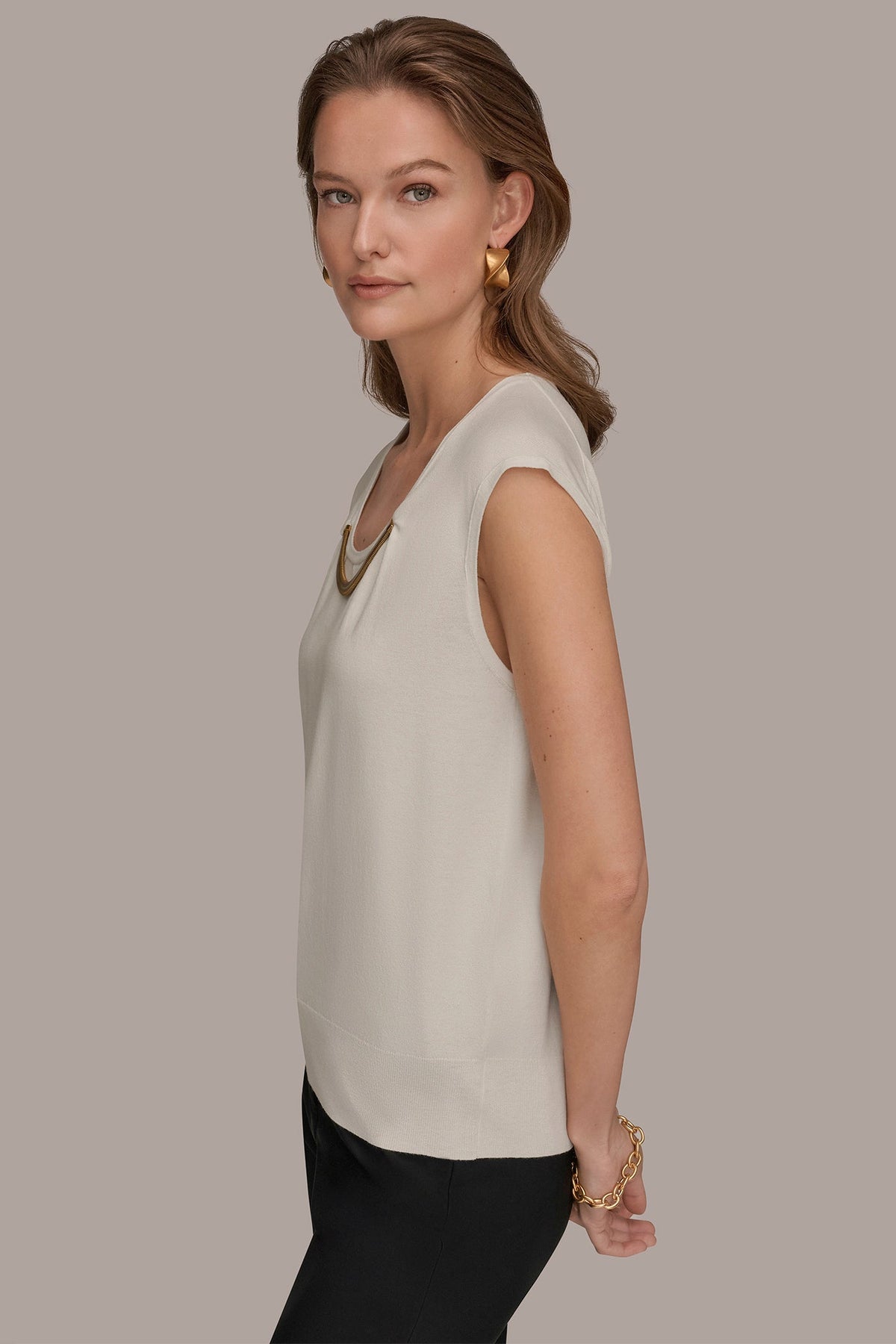 CAP SLEEVE METALLIC TRIM SWEATER - Cream