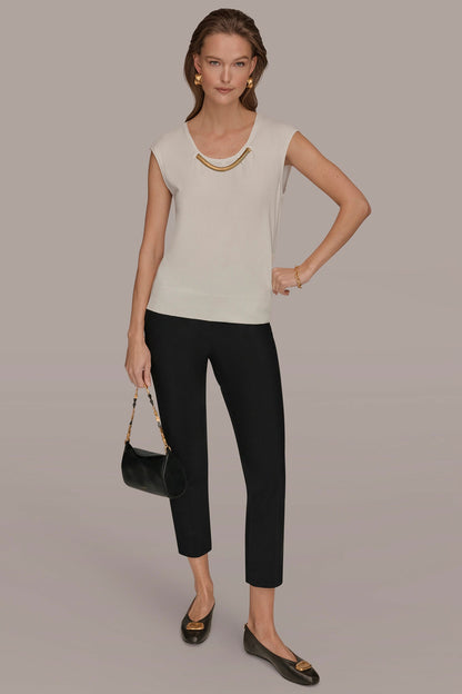 CAP SLEEVE METALLIC TRIM SWEATER - Cream