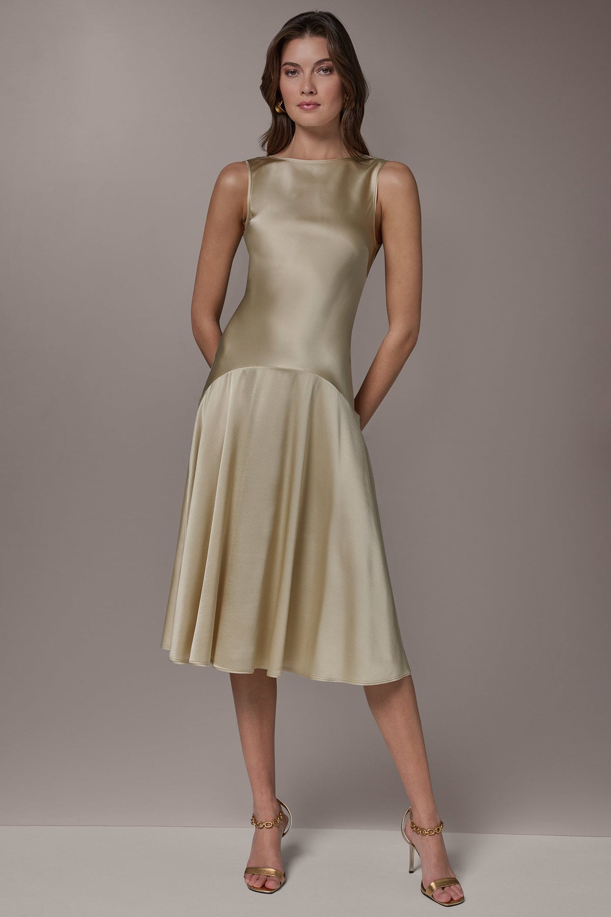 SILK-CHARMEUSE MIDI A-LINE DRESS - Light Gold