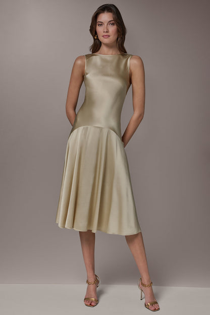 SILK-CHARMEUSE MIDI A-LINE DRESS - Light Gold