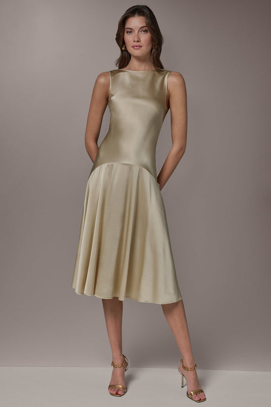 SILK-CHARMEUSE MIDI A-LINE DRESS - Light Gold