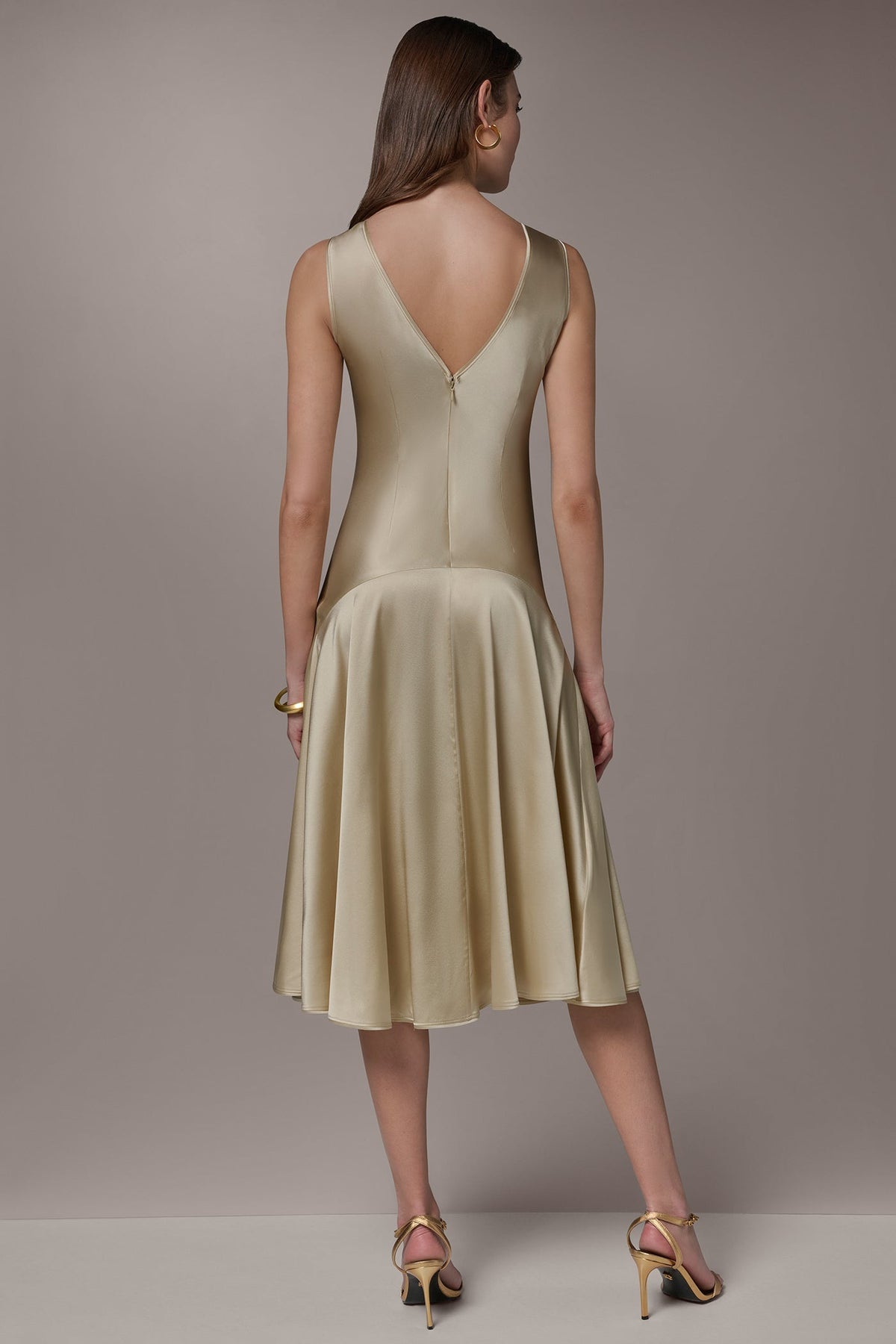 SILK-CHARMEUSE MIDI A-LINE DRESS - Light Gold