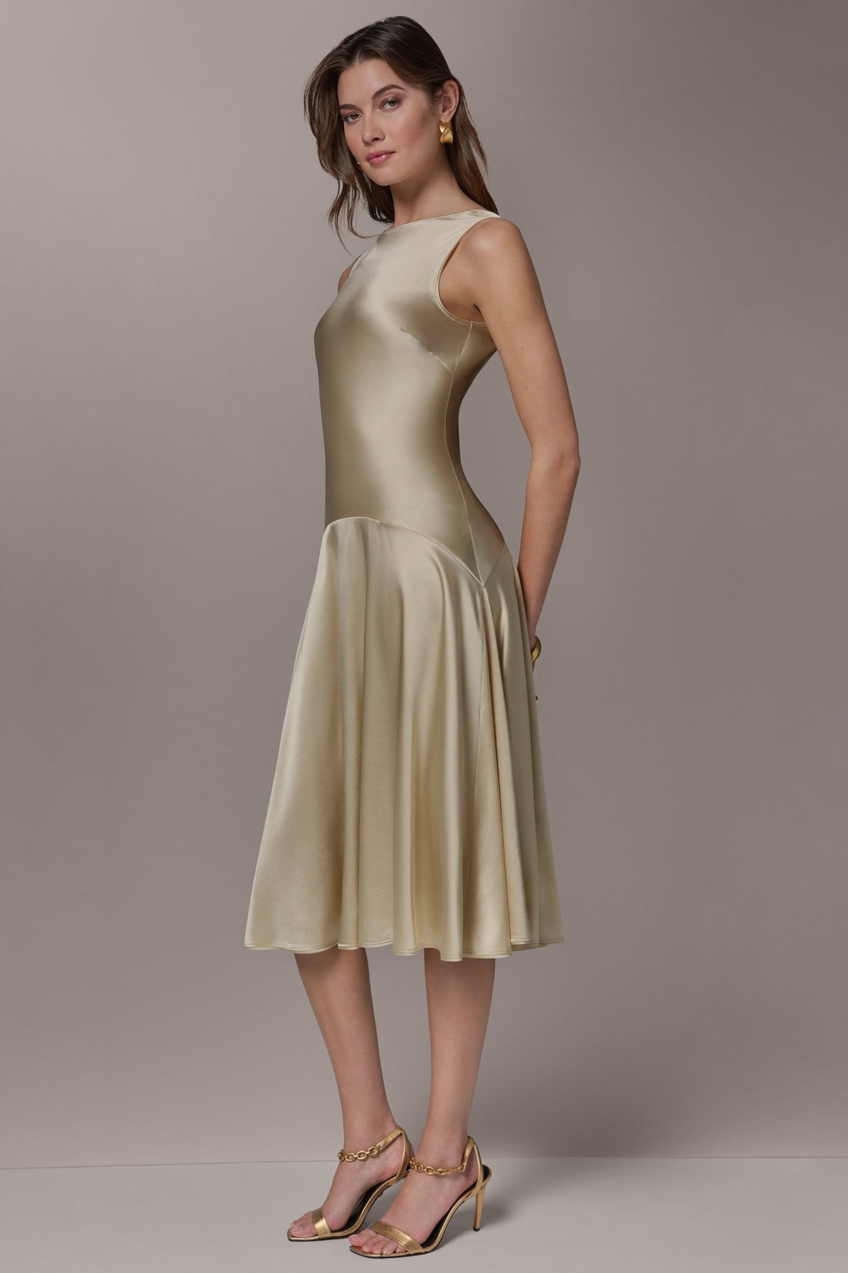 SILK-CHARMEUSE MIDI A-LINE DRESS - Light Gold