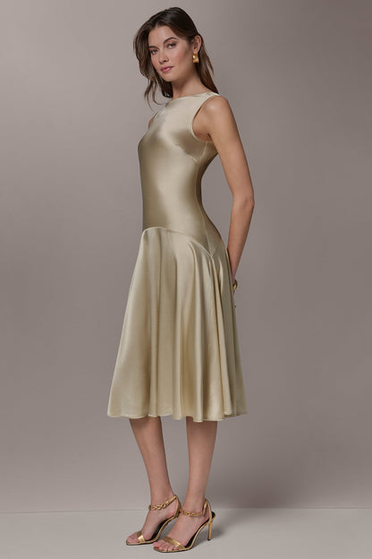 SILK-CHARMEUSE MIDI A-LINE DRESS - Light Gold