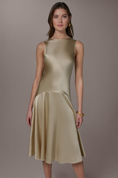 SILK-CHARMEUSE MIDI A-LINE DRESS - Light Gold