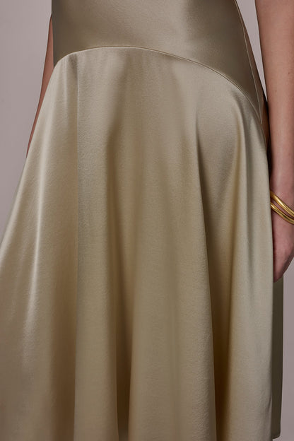 SILK-CHARMEUSE MIDI A-LINE DRESS - Light Gold