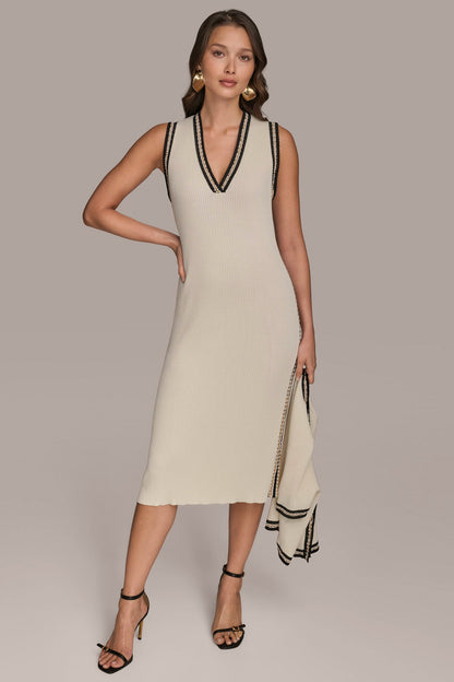 MIDI SHEATH DRESS WITH CARDIGAN - Cream/Beach Sand