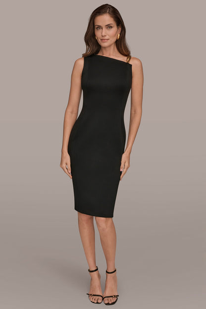 ONE-SHOULDER ASYMMETRIC MIDI SHEATH DRESS - Black