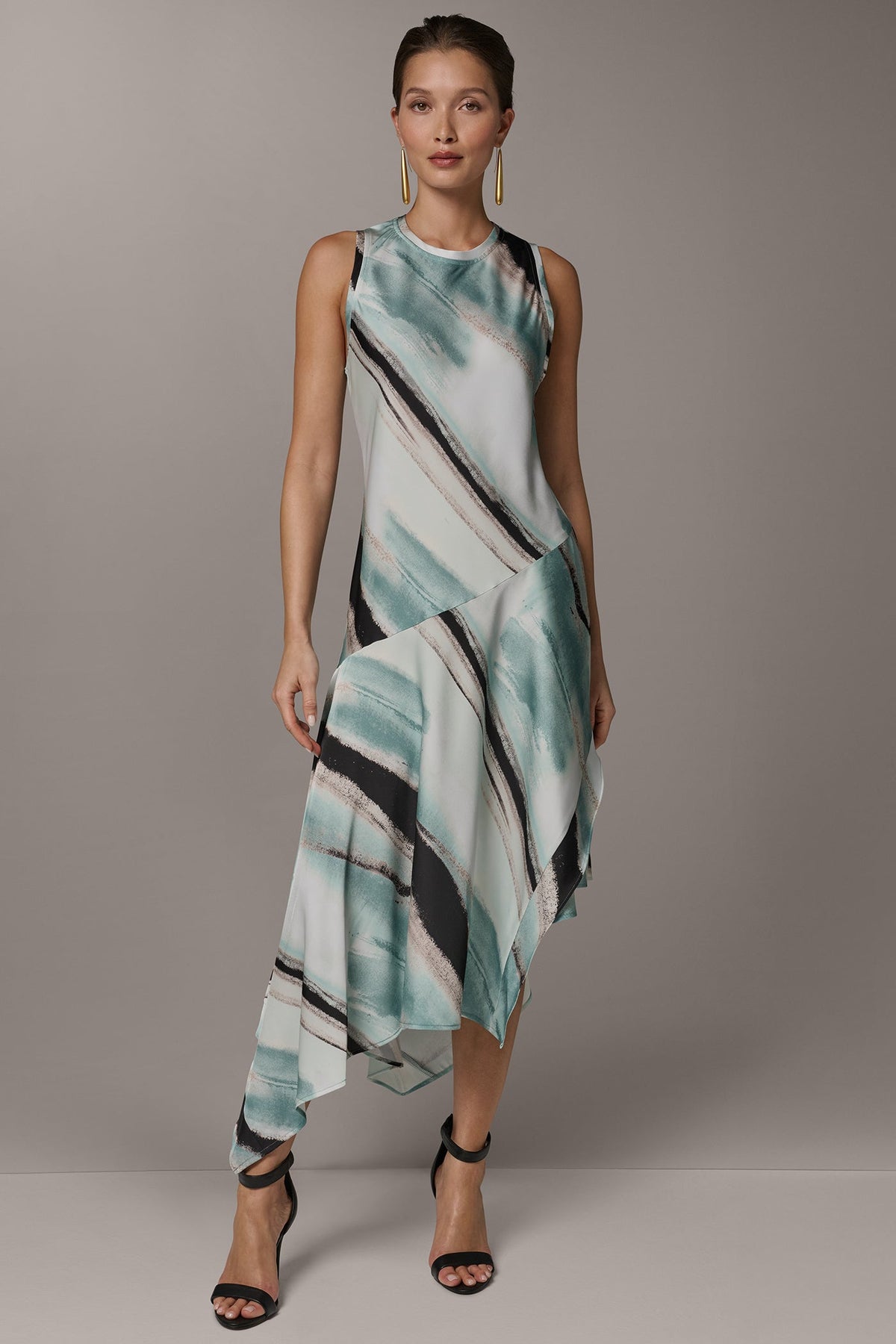 ASYMMETRIC PRINTED MIDI FIT AND FLARE DRESS - Waterlily Multi