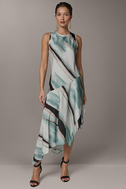 ASYMMETRIC PRINTED MIDI FIT AND FLARE DRESS - Waterlily Multi
