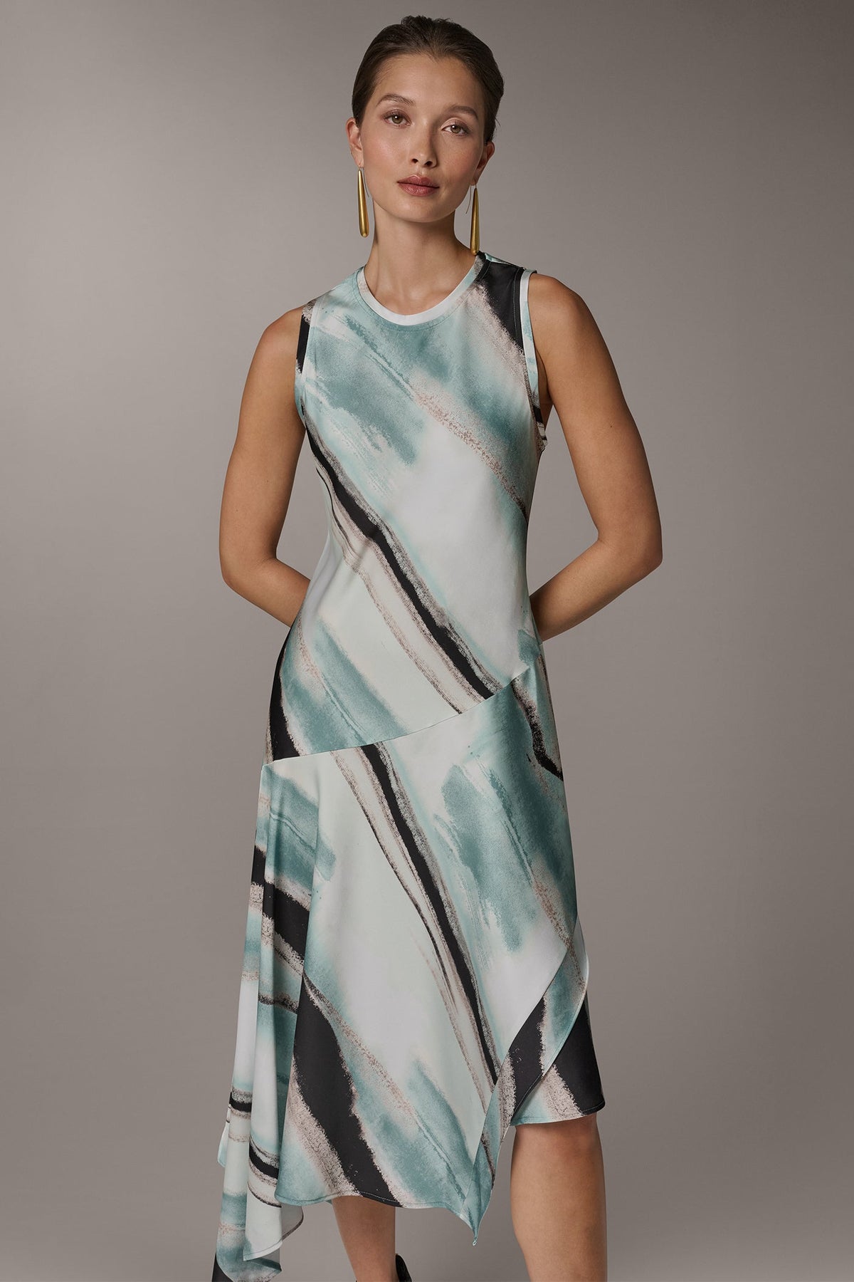 ASYMMETRIC PRINTED MIDI FIT AND FLARE DRESS - Waterlily Multi