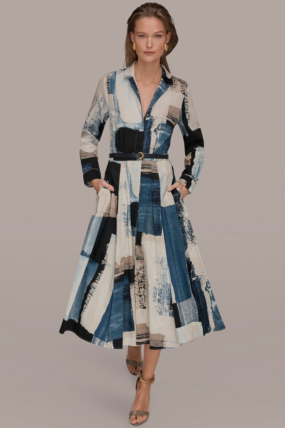 LONG SLEEVE BUTTON FRONT DRESS - Washed Indigo/Cream Multi