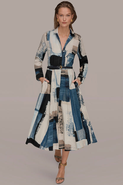 LONG SLEEVE BUTTON FRONT DRESS - Washed Indigo/Cream Multi