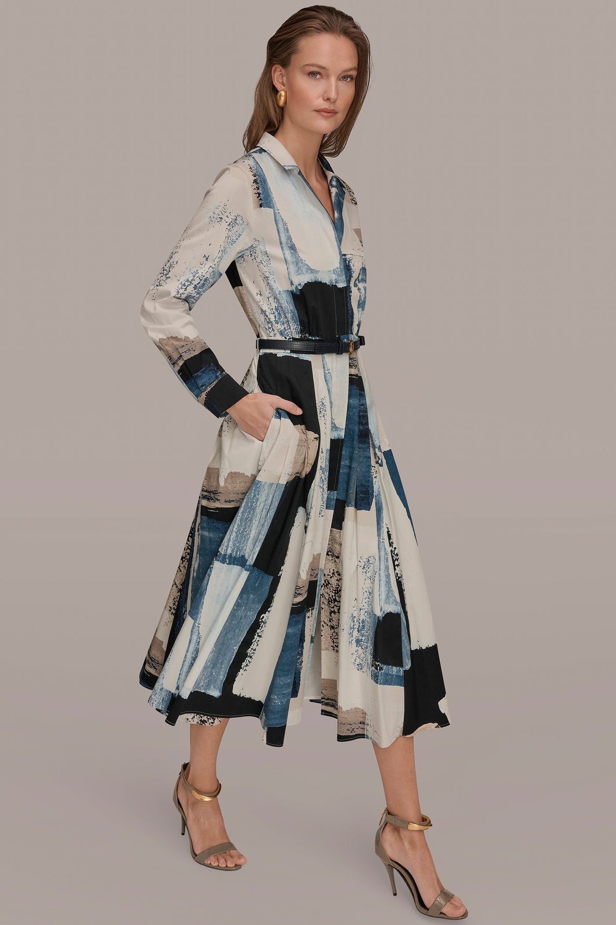 LONG SLEEVE BUTTON FRONT DRESS - Washed Indigo/Cream Multi