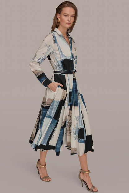 LONG SLEEVE BUTTON FRONT DRESS - Washed Indigo/Cream Multi